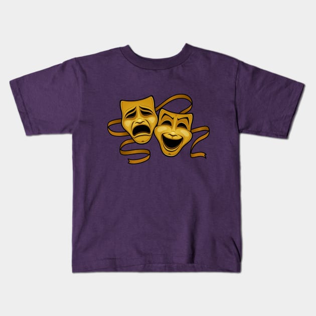 Gold Comedy And Tragedy Theater Masks Kids T-Shirt by fizzgig